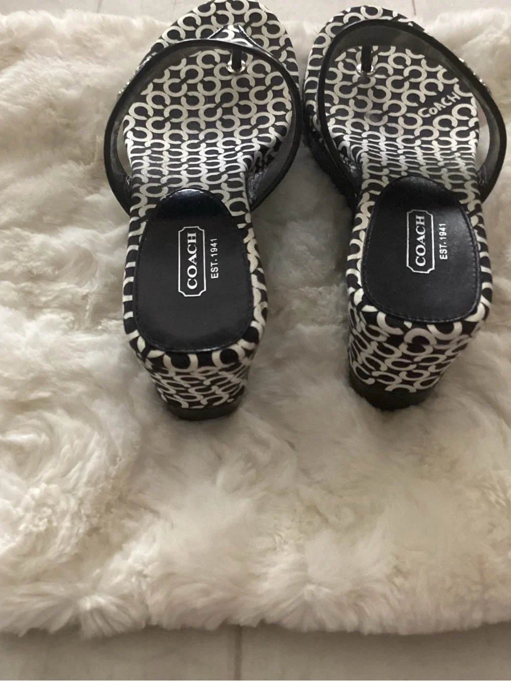 Coach Black & White Logo Platform Thong Sandals
